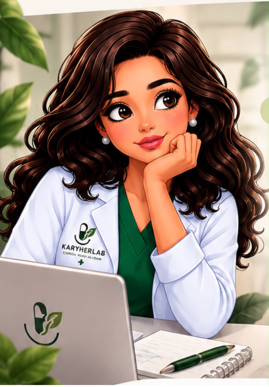 Ilustración de la identidad de KARYHERLAB, con una figura de bata blanca frente a una computadora.